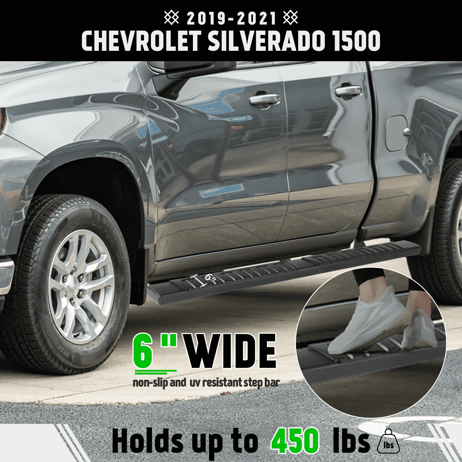 XTWEEX Running Boards Side Step Nerf Bar Fit 2019-2023 Chevy Silverado/GMC Sierra 1500 2020-2023 2500HD 3500HD Double Cab 6 inch Black Aluminum Alloy