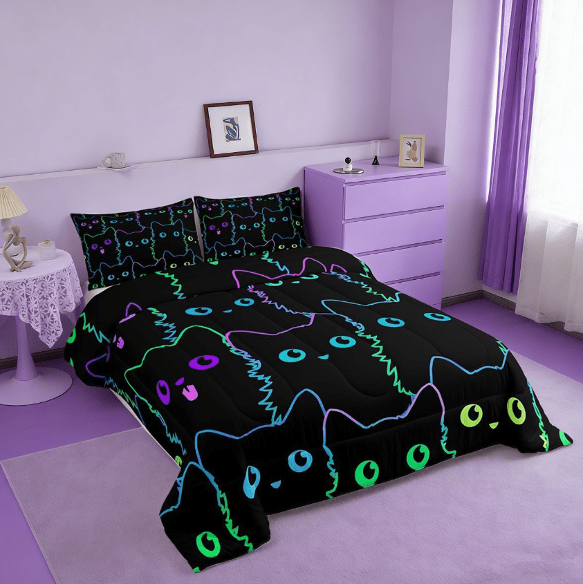 Manfei Cute Cat Full Size Comforter Sets,Cute Kitten Animal Colorful Bedding Sets For Kawaii Cat Lover Reversible 3 Pieces