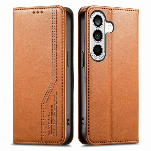 For Samsung Galaxy S26 Phone Case,Three-color Thread Design,Anti-Scratch PU Leather Flip Folding Kickstand,With Card Slots,Folio Magnetic Closure,Shockproof Drop protection Phone Case,Brown
