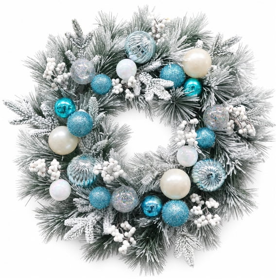 24 Inch Pre‑Lit Flocked Christmas Wreath, Artificial Wreath with 20 LED Lights 8 Modes Timer, Blue Silver Ornaments White Berries Snowy Pine Wreath for Front Door Winter Holiday Decor