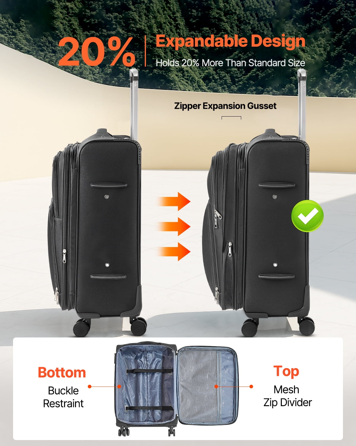 VEVOR Softside Expandable Luggage with Spinner Wheels, 24-Inch Softside Checked Medium Luggage, Lightweight Checked Suitcase with Expandable Zippered Pocket and TSA Lock, Black