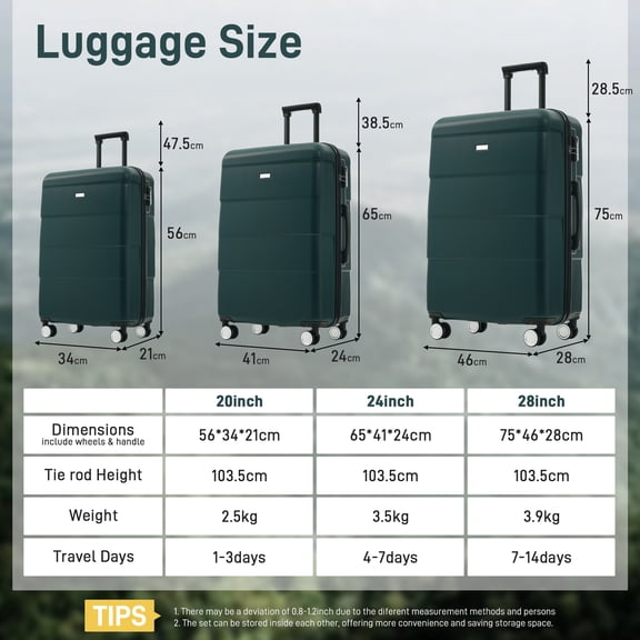 3 Piece Hardshell Luggage Set - 20” 24” 28” Suitcases with Spinner Wheels