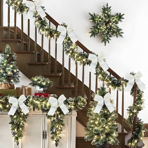 CREATITOY Christmas Fabric Bow Ornaments (Velvet with Lace Trim) - Festive Hanging Decor for Christmas Tree Branches