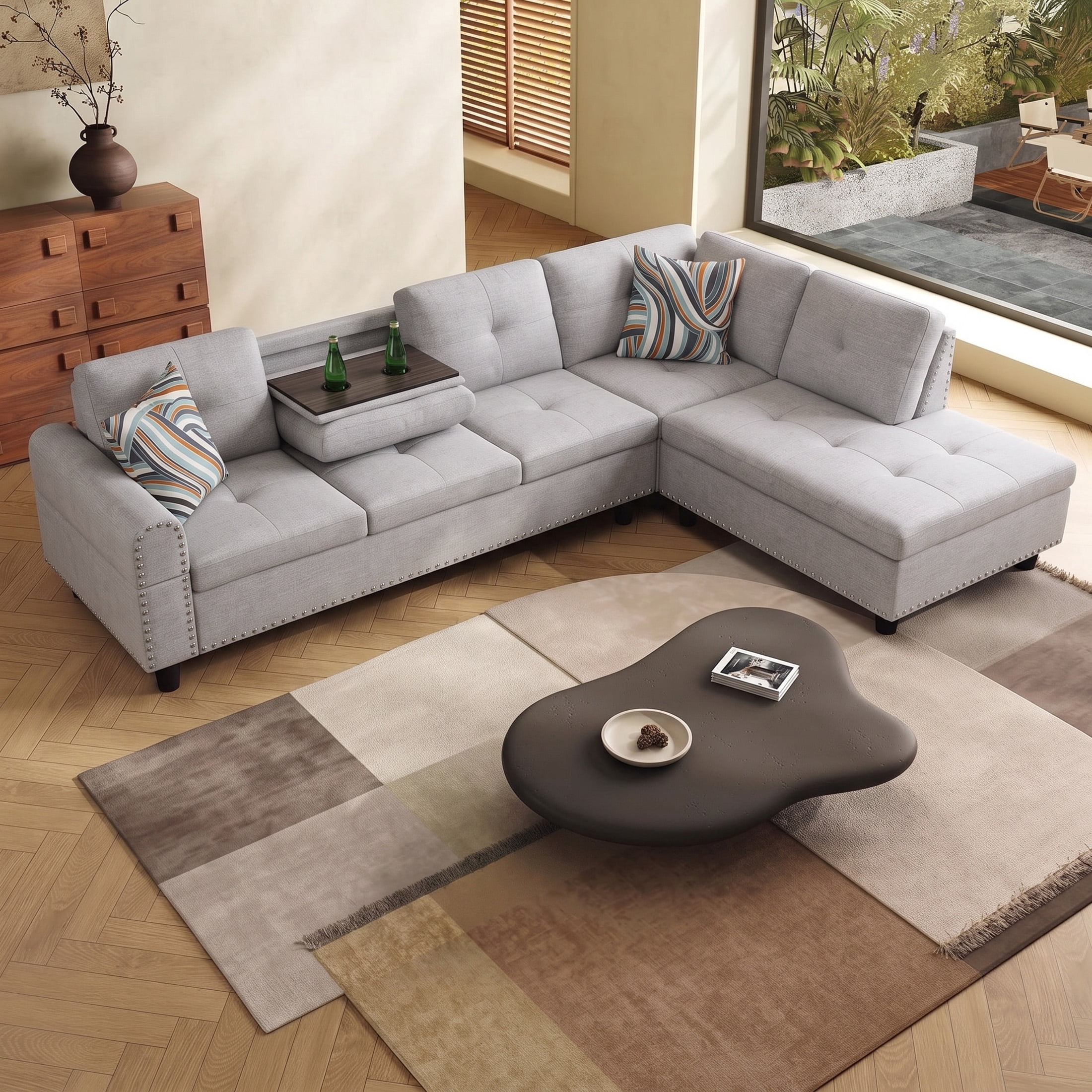 AENKYO 98" L-Shaped Sectional Sofa with Reversible Chaise and Cup Holders, Flannel, Light Gray