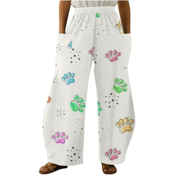 fartey Wide Leg Pants for Women 2023 Loose Casual Dog Paw Print Long Trousers with Pockets Elastic Waist Straight Leg Pants