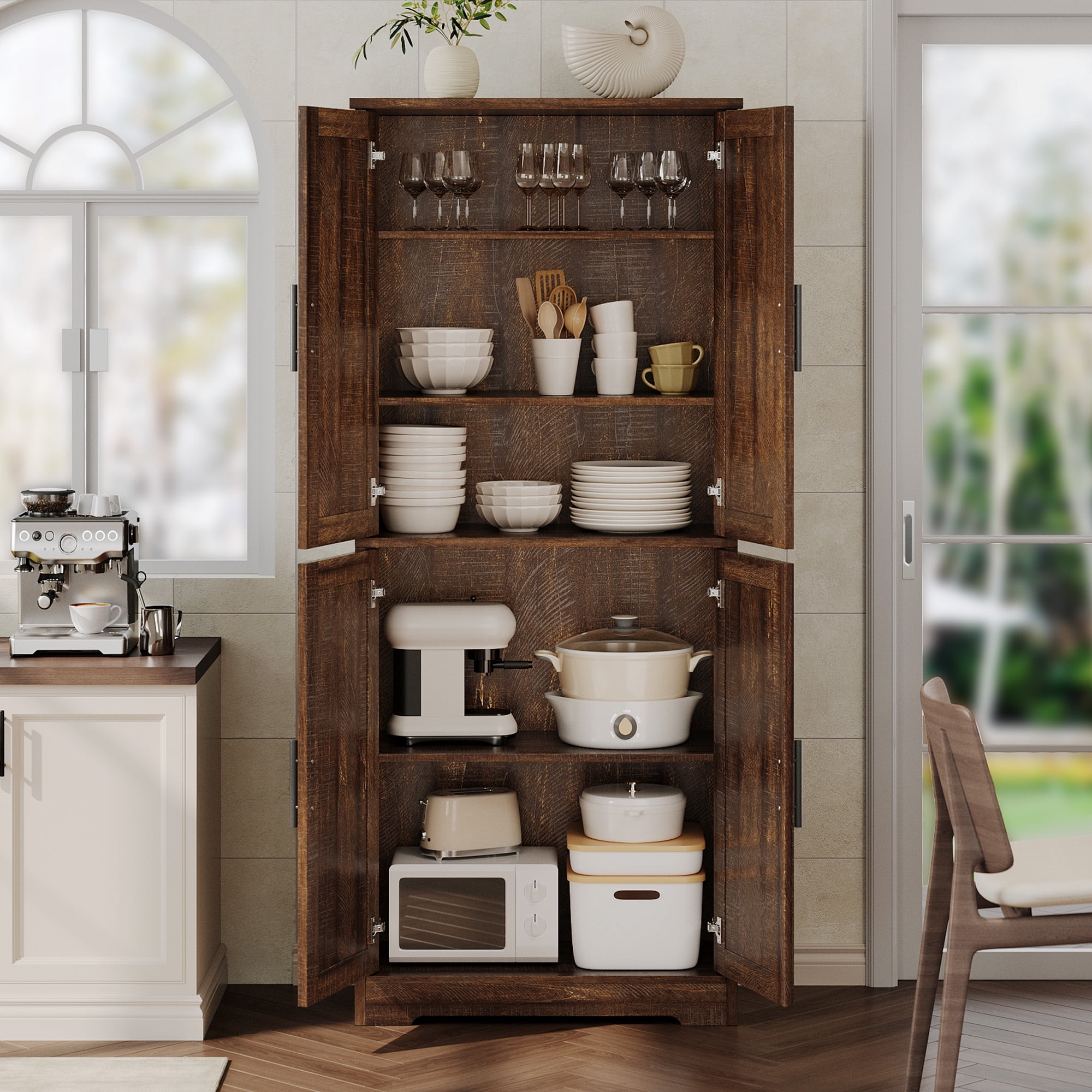 70 Inch Tall Pantry Cabinet - 4-Door Freestanding Storage with Adjustable Shelves, brown Red