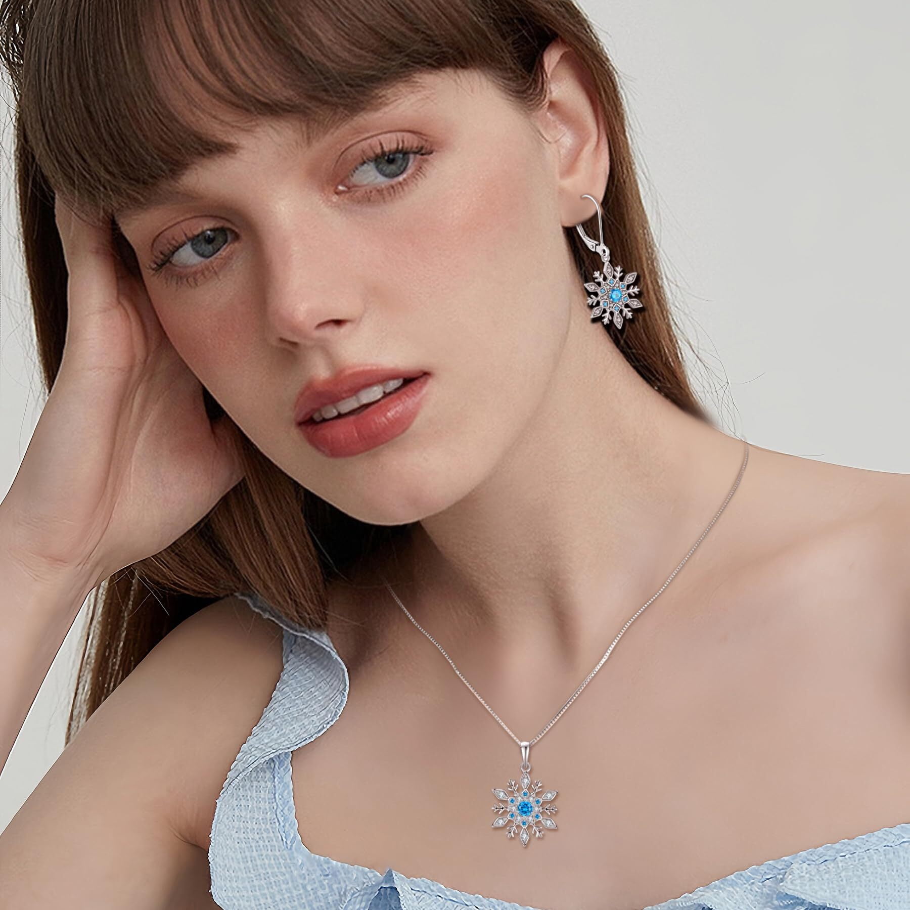 Inpasne Snowflake Earrings for Women 925 Sterling Silver Leverback Earrings Aquamarine Dangle Drop Earrings Christmas Gift for Her Mom