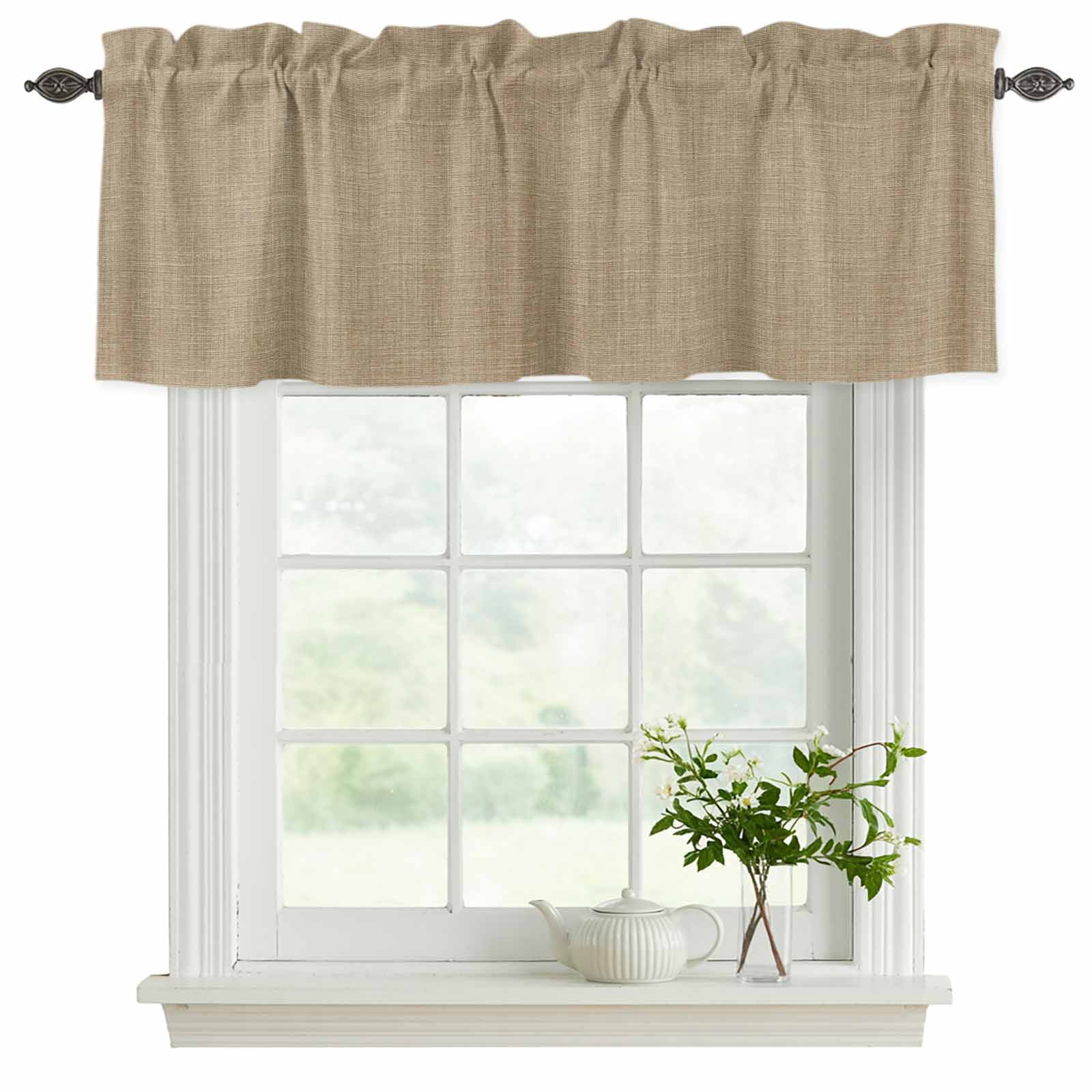 2 Panels Beige Valance for Windows, Farmhouse Burlap Solid Brown Color Modern Linen Texture Light Filtering Kitchen Curtains, Rod Pocket Window Treatment Curtain Valances for Living Room, 42"x18"