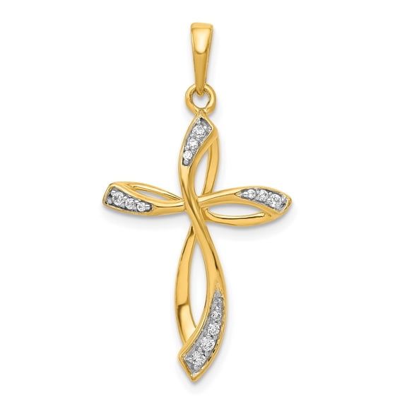 10k Yellow Gold Diamond Cross Pendant Charm, Polished Twist Ribbon Religious Jewelry