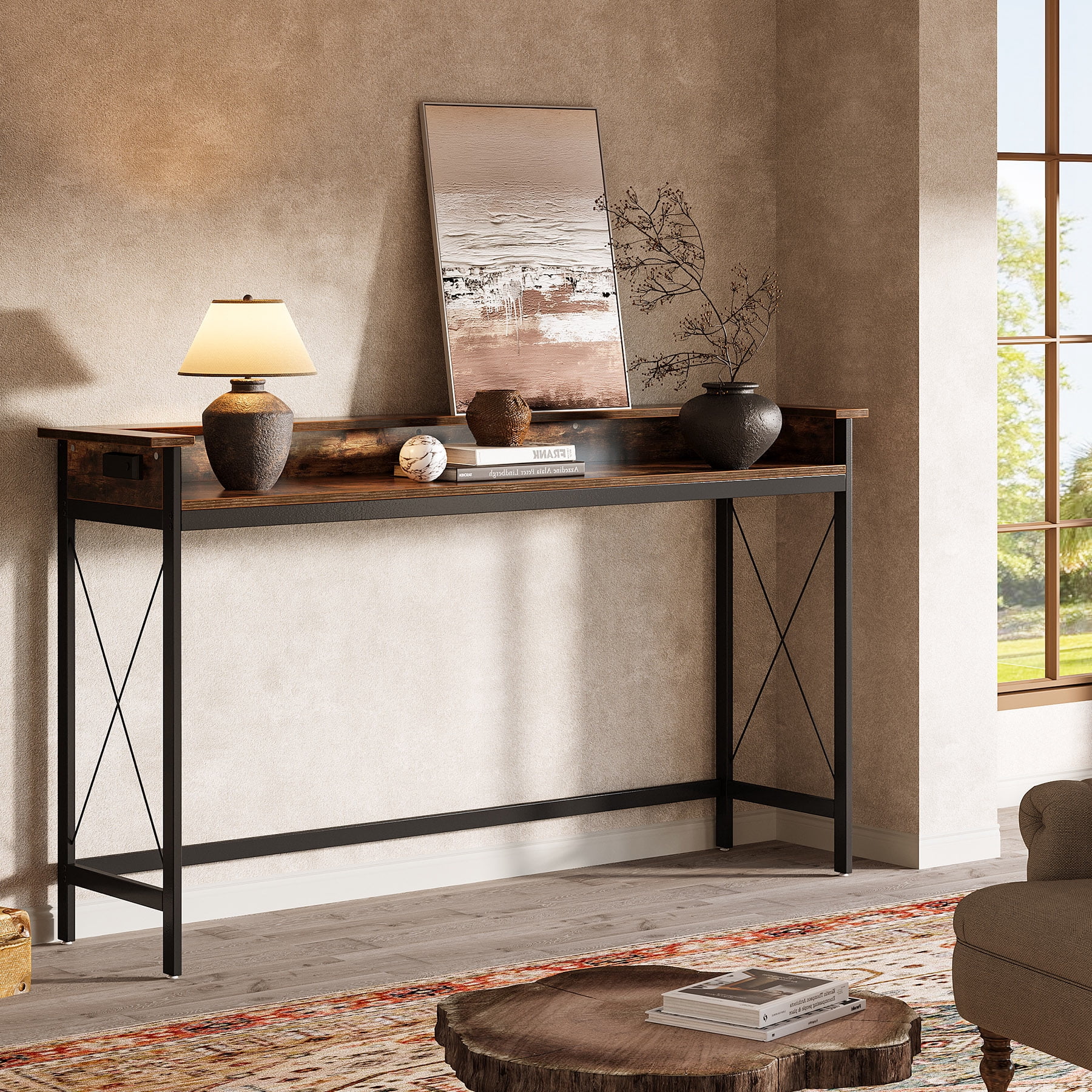 Tribesigns Industrial Sofa Table, 70.9" Long Console Table with Outlets and USB Ports for Entryway, Living Room, Brown