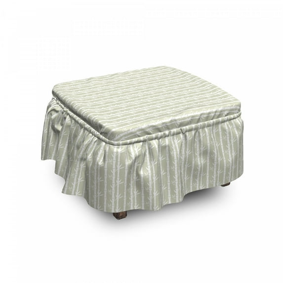 Tropical Ottoman Cover, Bamboo Branches Leaves, 2 Piece Slipcover Set with Ruffle Skirt for Square Round Cube Footstool Decorative Home Accent, Standard Size, Eggshell White, by Ambesonne