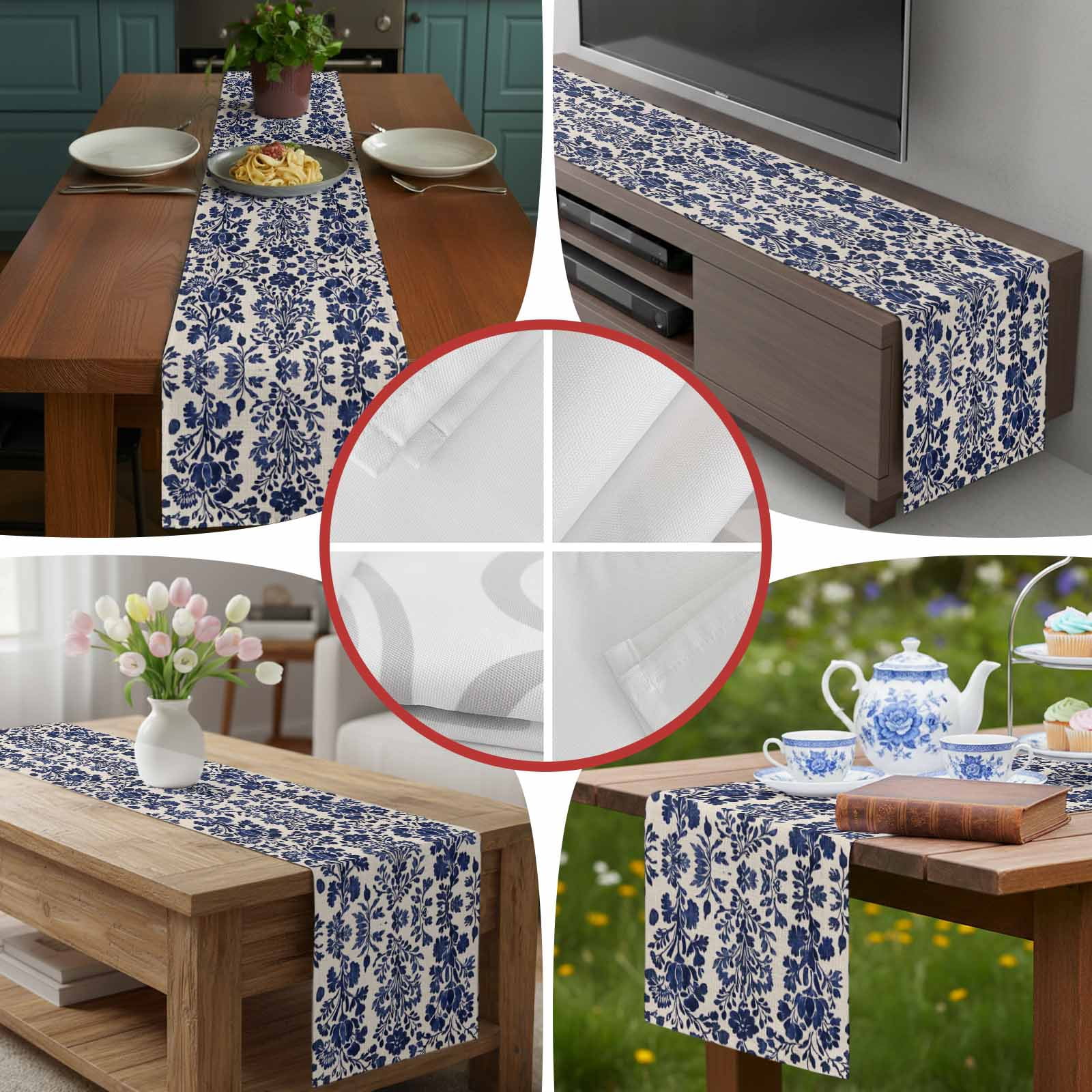 Blue Spring Floral 90 Inch Table Runner, Summer Botanical Farmhouse Rustic Farmhouse Dresser Scarf Cotton & Linen Tablerunner for Dining/Kitchen Island/Holiday Party Décor 13" x 90"