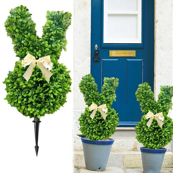 FWOVF Artificial Bunny Shape Boxwood Topiary with Spike, Easter Faux Rabbit Topiary Trees, Easter Decorative Fake Bunny Shape Boxwood Topiary Trees for Easter Patio Porch Decor