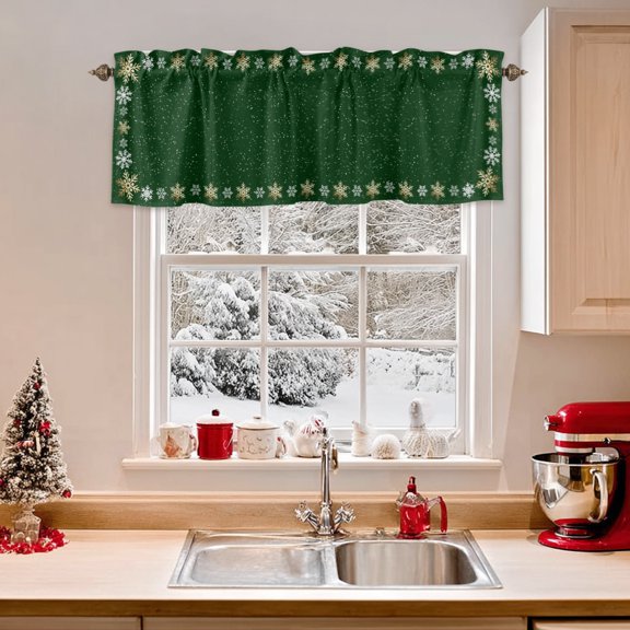 Kitchen Valances for Window, Winter Golden White Snowflake Light Filtering Rod Pocket Valance Curtain, Vintage Dark Green Short Curtains Window Topper for Bedroom Bathroom Living Room 42x12in
