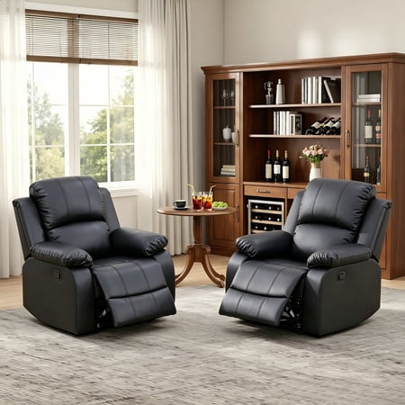 BSHTI PU Manual Recliner Chair Set of 2 – Single Sofa Recliners with Adjustable Backrest, High-Density Foam, Hardwood Frame – Comfort Lazy Chair for Living Room, Bedroom, Black