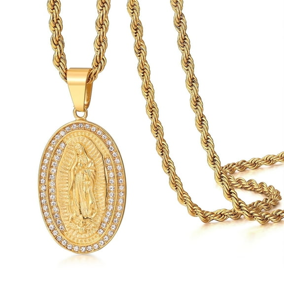 RapzGz Gold Virgin Mary Medal Necklace - Lady of Guadalupe CZ Crystal Pendant, Catholic Christian Jewelry Gift for Women & Men