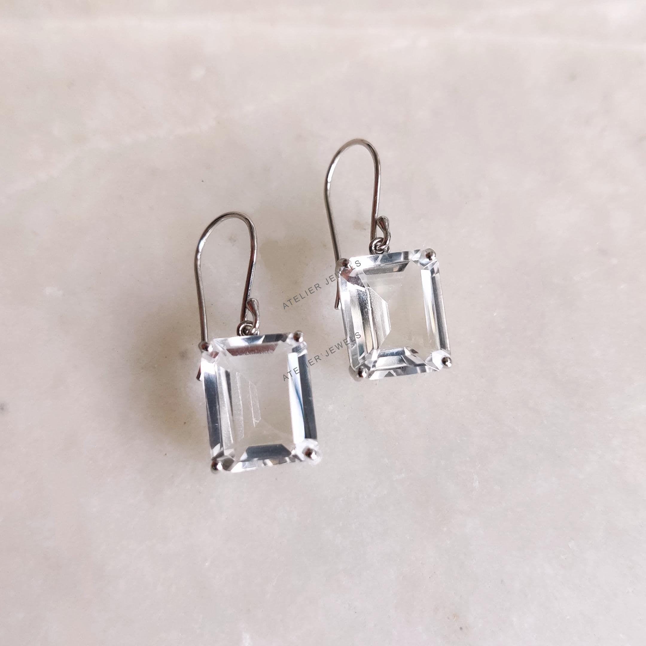 Natural Clear Quartz Earrings, 14K Solid White Gold Quartz Earrings, April Birthstone, Prong Earrings, Christmas Gift, Clear Quartz Jewelry