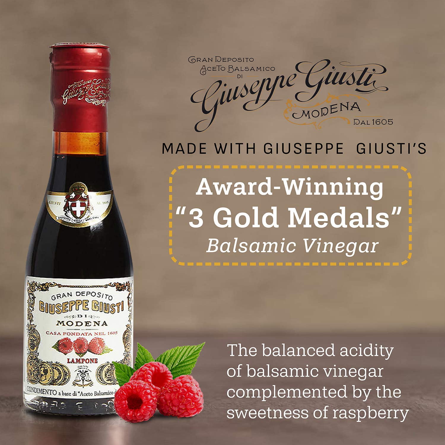 Giusti Raspberry Balsamic Vinegar-Based Condiment from Modena Italy – Made with Premium Italian Aceto Balsamico with Natural Raspberry Infusion for Salads & Drizzling – 3.38 fl oz (100 ml) - Pack of