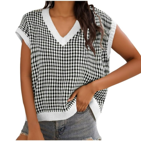 Women's Sweater Casual V Neck Short Sleeve Plaid Knit Vest Loose Fit Pullover Sweaters Top