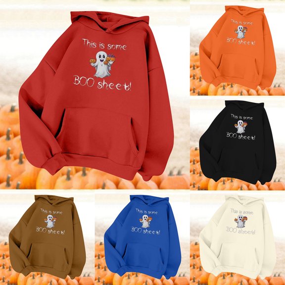 KHONTS Halloween Hoodies for Women Graphics Sweatshirt Fashion Casual Cute Long Sleeve Pullover Tops Fall Winter Oversized Loose Fit Hooded Top with Pocket Red XL