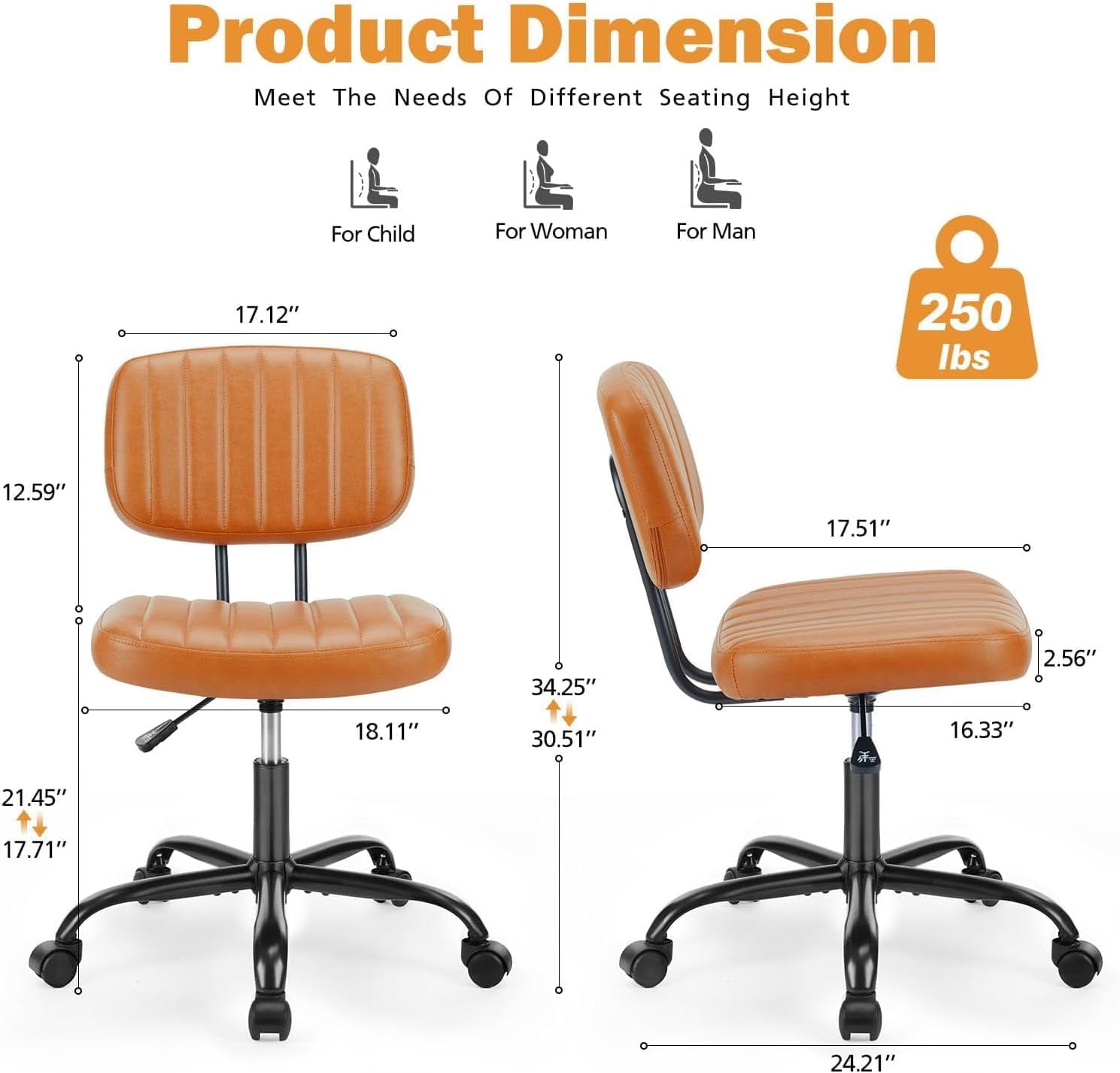 Armless Office Desk Chair with Wheels, Adjustable Height 360° Rolling Swivel Lumbar Support Low-Back Computer Chair, PU Leather, Brown