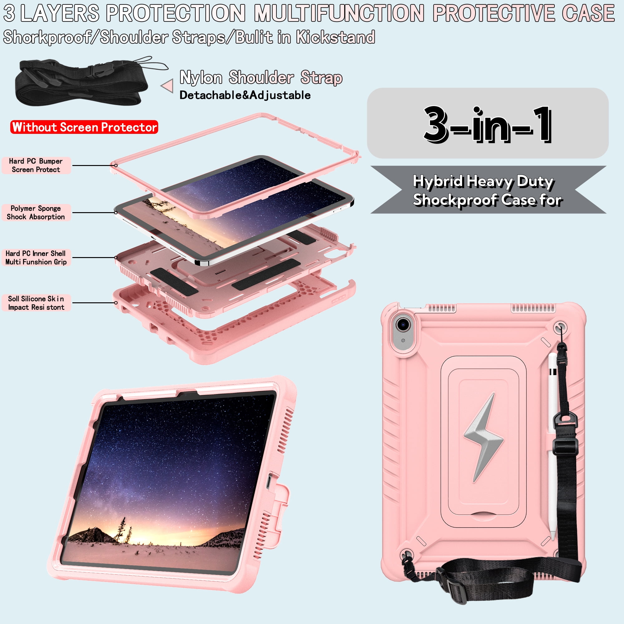 Allytechgroup Heavy Duty Shockproof Case for Apple iPad A16 11th Generation 11" 2025 & iPad 10th Generation 10.9" 2022, Tablet Case with Kickstand, Pencil Holder, Strap Kids Friendly Cover,Rosegold