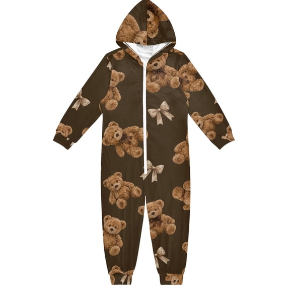 Cute Teddy Bear Bow Boys & Girls Hooded One-Piece Pajamas Warm Crystal velvet Hooded Long Sleeve Loungewear Jumpsuit Unisex