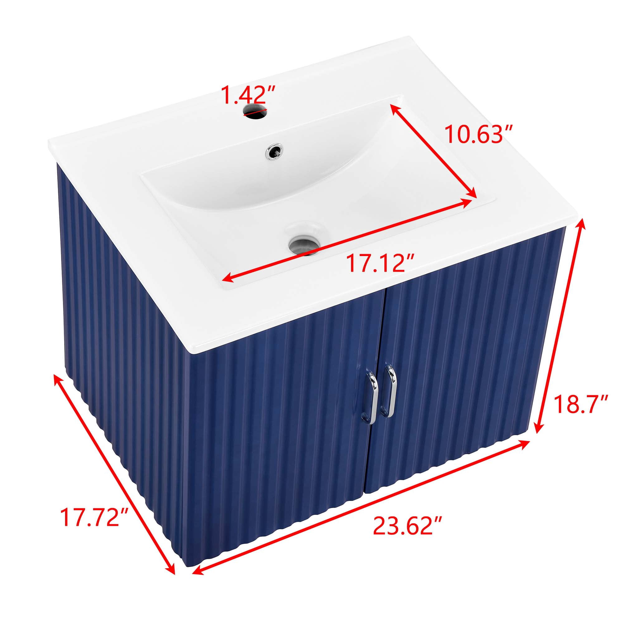 PORKISS 24” Bathroom Vanity, Modern Wall Mounted Floating Vanity with Porcelain Sink and Wood Soft Close Doors, Blue