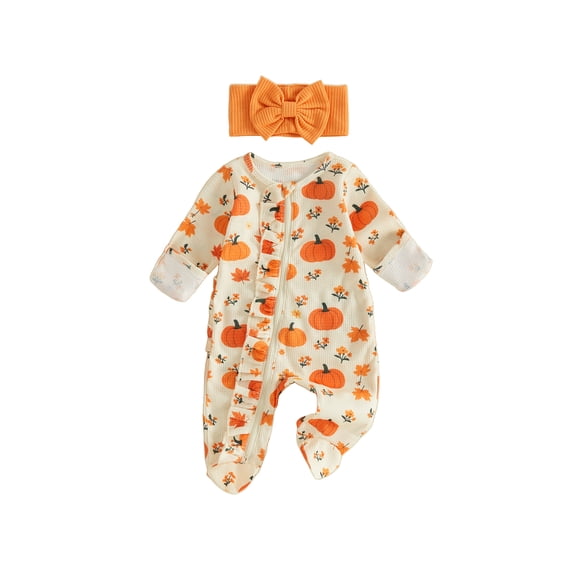 RUINIXCW Baby Girl Thanksgiving Romper Waffle Pumpkin Print Footies with Headband