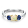 thumbnail image 3 of Gem Stone King 925 Silver and 10K Yellow Gold White Ethiopian Opal and Blue Created Sapphire Engagement Ring for Women | 0.80 Cttw | Round Cabochon 5MM | Gemstone October Birthstone | Size 8, 3 of 6