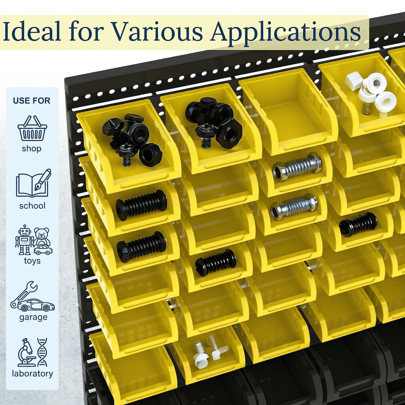 Wall Mounted Storage Bins 60PCS, Garage Storage Bin Organizer with 36 Yellow & 24 Black Plastic Bins, Large Wall Mount Parts Organizer for Screws, Nuts & Bolts, Tool Storage System with Label Slots