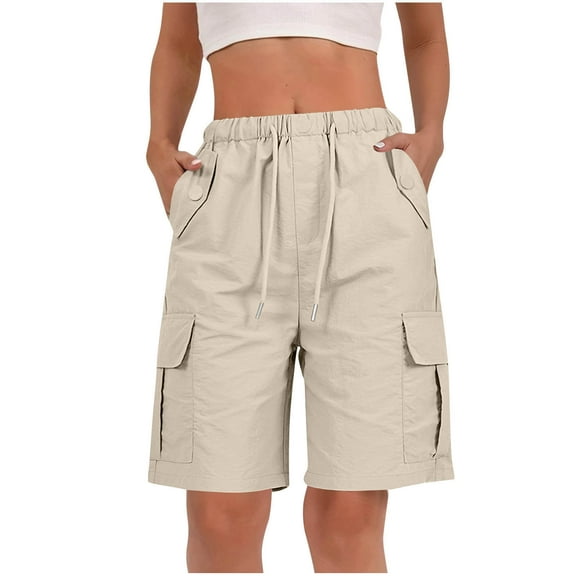 nerohusy Cargo Bermuda Shorts for Women Knee Length Summer Casual Crop Pants High Waisted Outdoor Quick Dry Hiking Short Pants Beige,XL