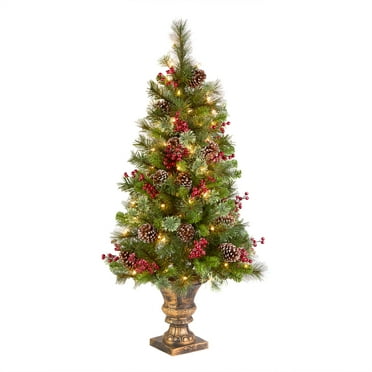 National Tree Company Pre-lit Artificial Christmas Entrance Tree, Green, Iced Berry Pine, Iced Red Berries, Glittered Pine Cones, Bronze Pedestal Urn, 100 Clear Lights, 4 Feet