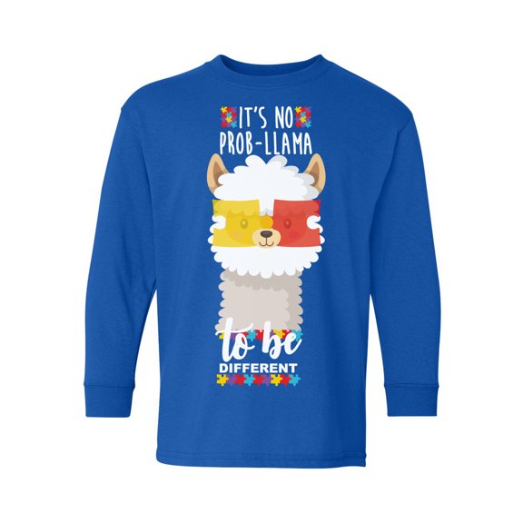 Awkward Styles Autism Youth Long Sleeve T-shirt It's No Prob-Llama to be Different Crewneck Tee for Kids Llama Tee