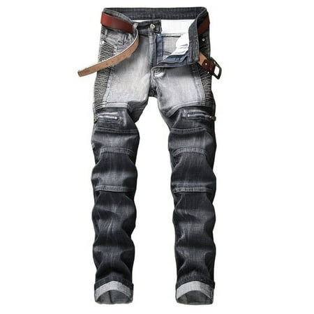 

Moxiu Men s Washed Distressed Denim Pants Patchwork Slim Fit Zip Jeans Casual Straight Leg Stretch Skinny Denim Trouser
