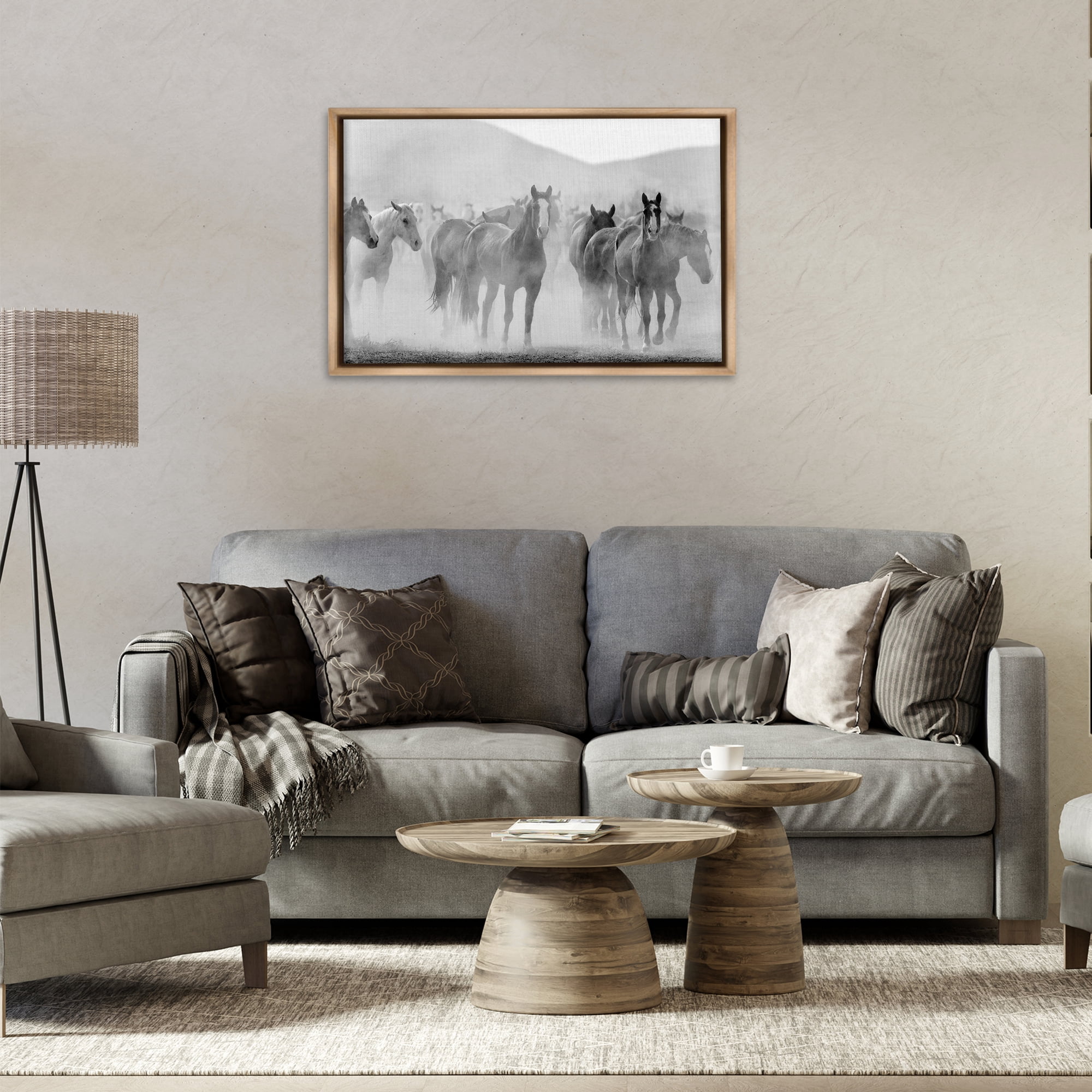 Stupell Industries Running Horse Herd Animals Painting Brown Floater Framed Canvas Art Print Wall Art, 31 x 21