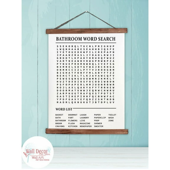 Wood, Canvas Sign, Bathroom Word Search Puzzle Fun Décor Print, Lightweight Ready to Hang Wall Hanging, 19x24-Inch