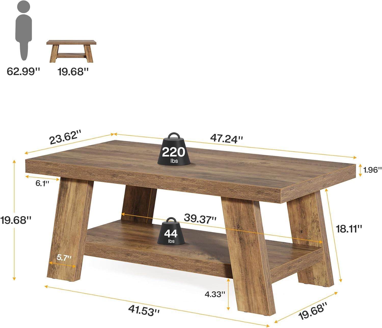Tribesigns 2-Tier Rectangular Coffee Table, 47.24" Farmhouse Center Table with Storage Shelves for Living Room (Rustic Brown)
