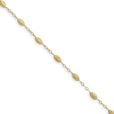 14k Yellow Gold 10in Puff Rice Bead with 1in ext Anklet