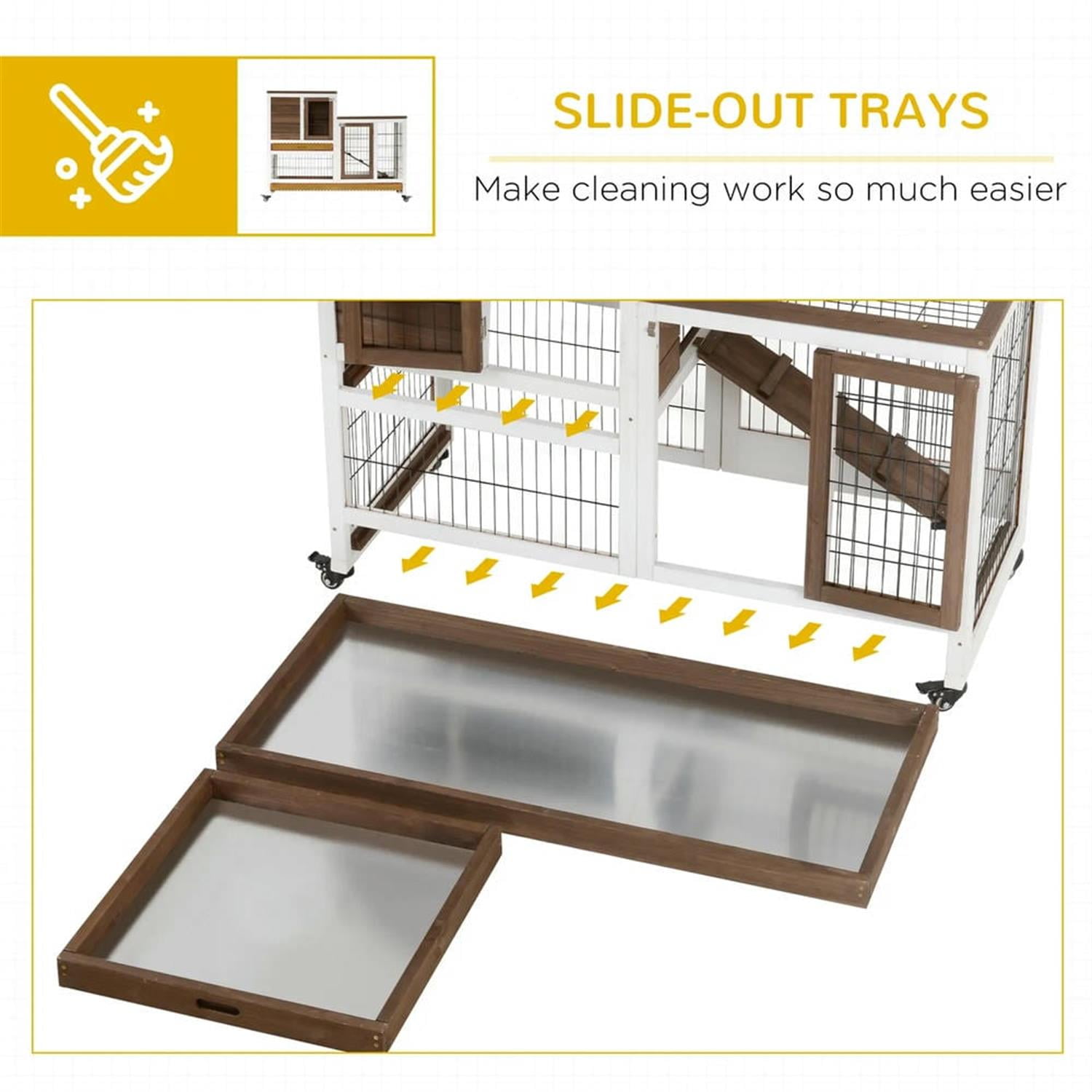 Kadyn 43" 2-tier Wooden Rabbit Hutch with Wheels and Slide-out Tray, Outdoor Small Animal Habitat Chicken Coop Bunny Cage for Bunnies, Guinea Pigs, Brown