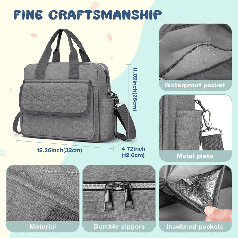 GPED Diaper Bag Tote with 3 Insulated Pockets, Grey photo 3