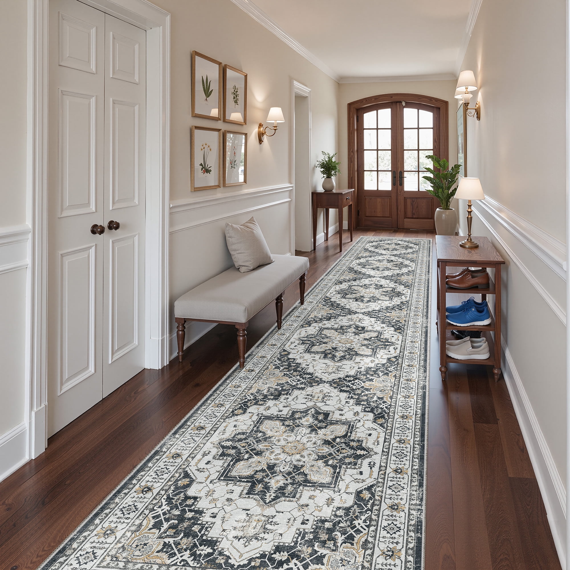 Roxstand 2.5'x16' Washable Runner Rug for Hallway Entrance Bedroom Entryway, Vintage Non Slip Stain Resistant Kitchen Rugs, Black