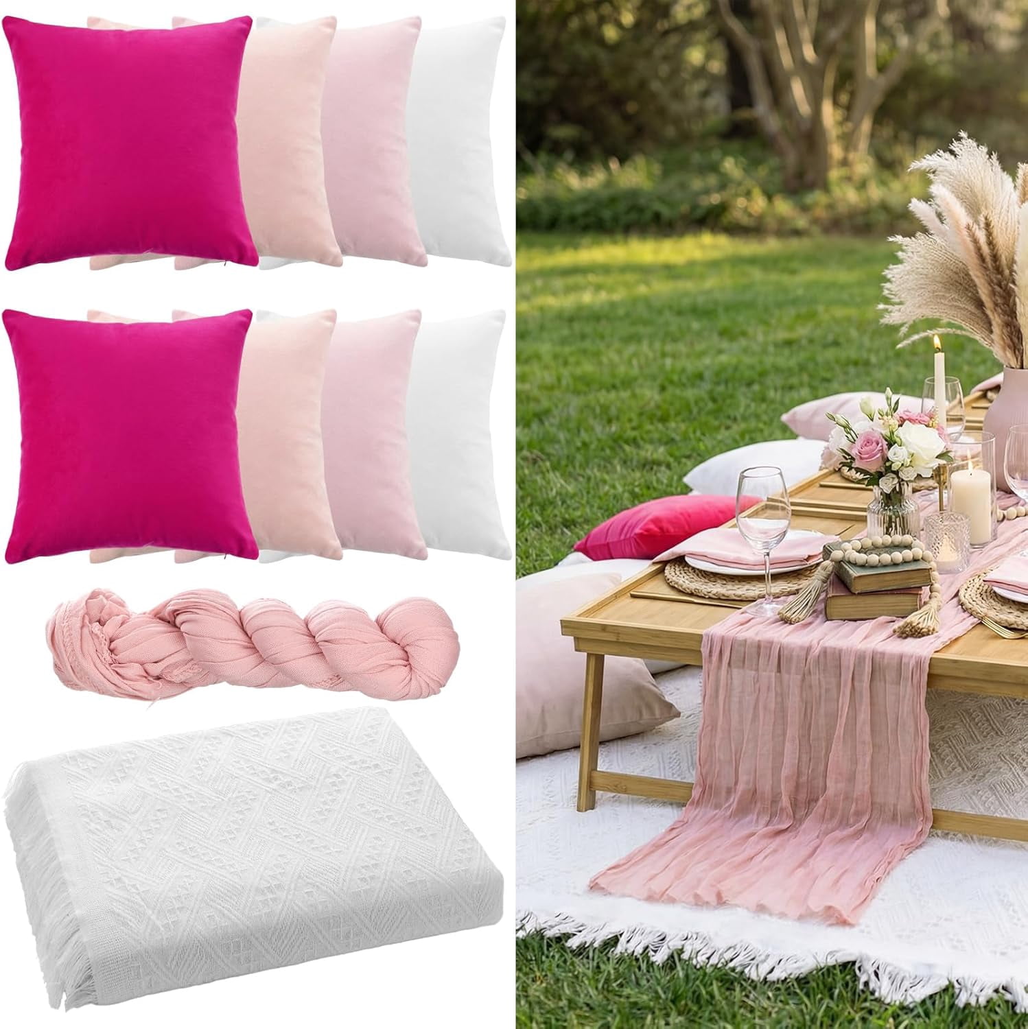 10 Pcs 71''x102'' Extra Large White Outdoor Boho Picnic Blanket with Pink Table Runner 8 Throw Pillow Cover Oversized Washable Portable Beach Blanket for Valentine Picnic Camp Lawn Wedding