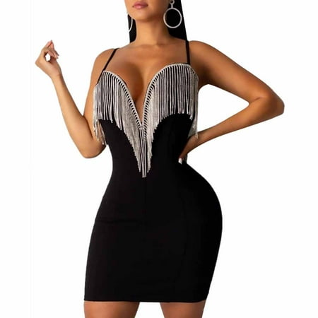 MIPREWUY Women s Sleeveless Tight Jumpsuit/Dress  Slim Fit Sexy V-Neck Patchwork Tassels Bodysuit/Dress