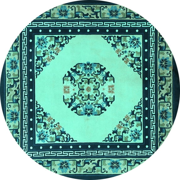 Ahgly Company Indoor Round Oriental Turquoise Blue Asian Inspired Area Rugs, 7' Round