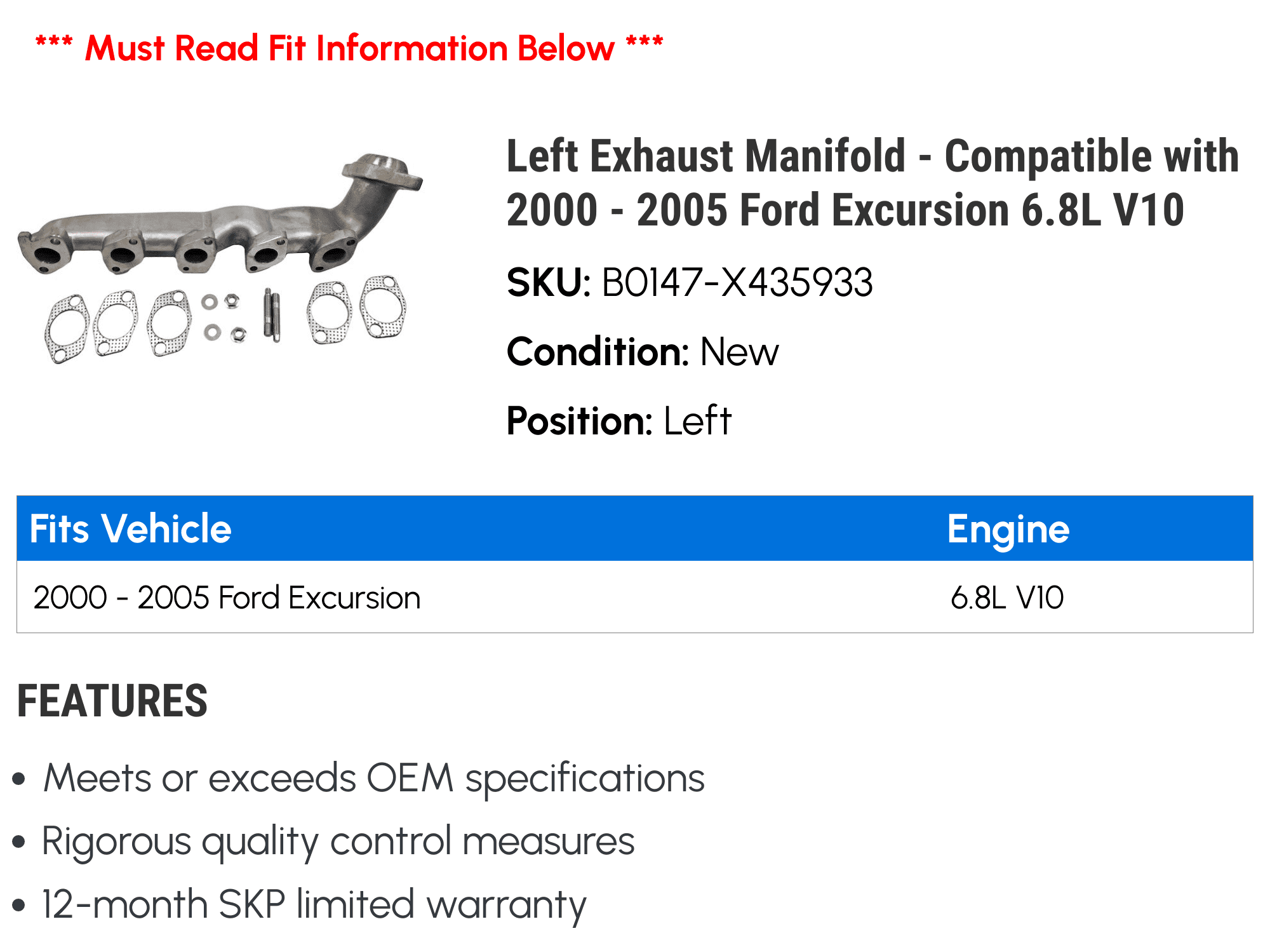 Left Exhaust Manifold - Compatible with 2000 - 2005 Ford Excursion 6.8L V10 2001 2002 2003 2004