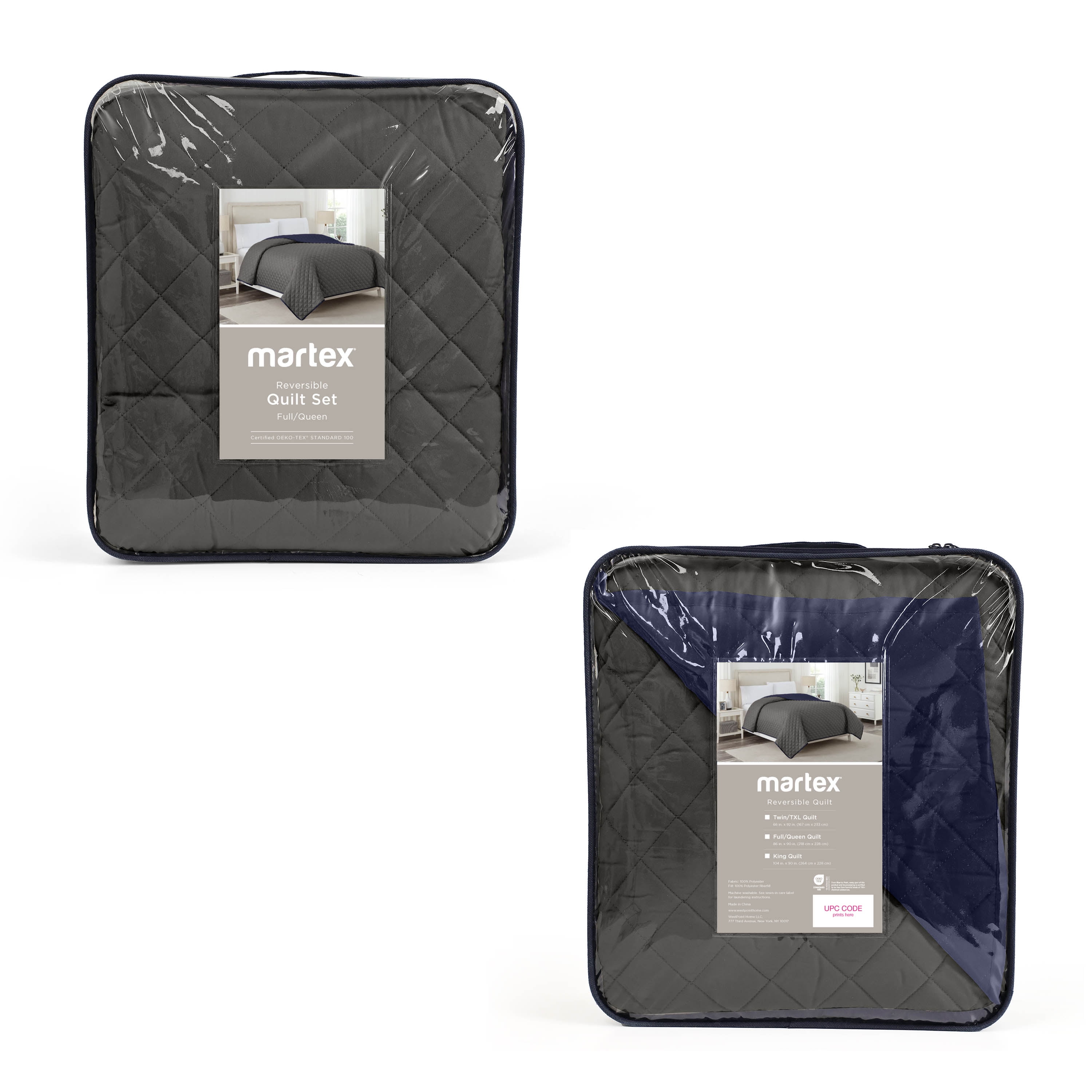 Martex Reversible Microfiber King Coverlet, Soft Lightweight Bedding, Graphite/Navy