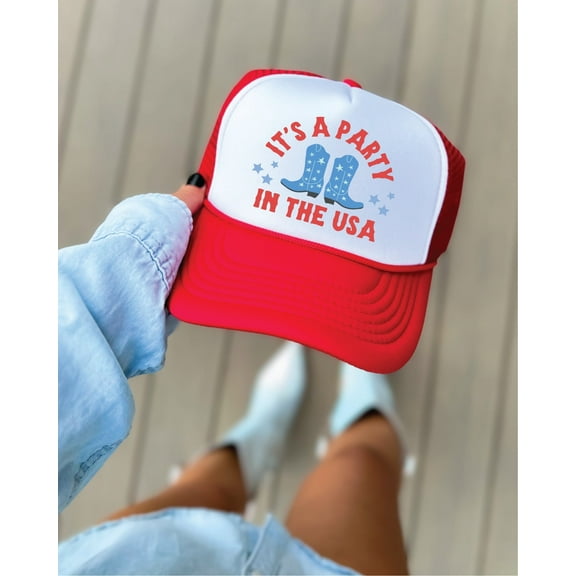Southern Attitude Designs- It's a Party in the USA- Red and White Unisex Foam Trucker Hat