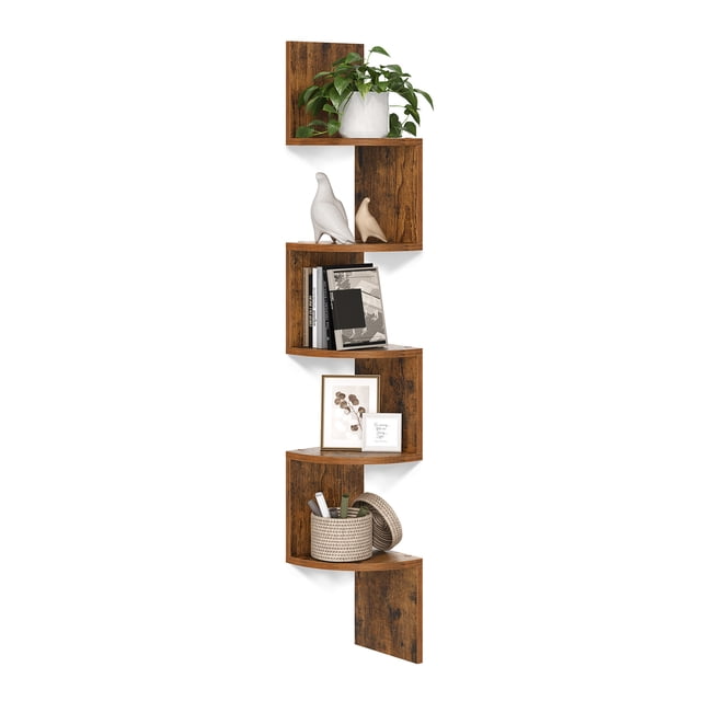 VASAGLE Corner Shelf, 5-Tier Floating Wall Shelf with Zigzag Design, Bookshelf, Rustic Brown