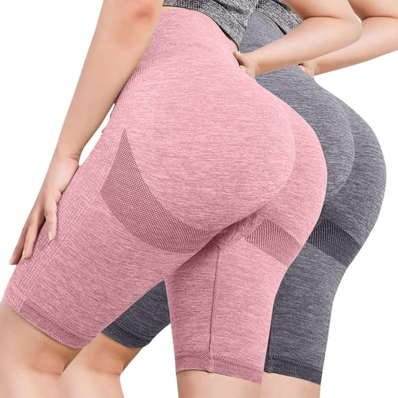 CFLVAEK 2 Piece Biker Shorts Women Seamless Butt Lift Bike Shorts Comfy High Waisted Knee Length Yoga Shorts Solid Color Summer Cycling Workout Shorts Pink L